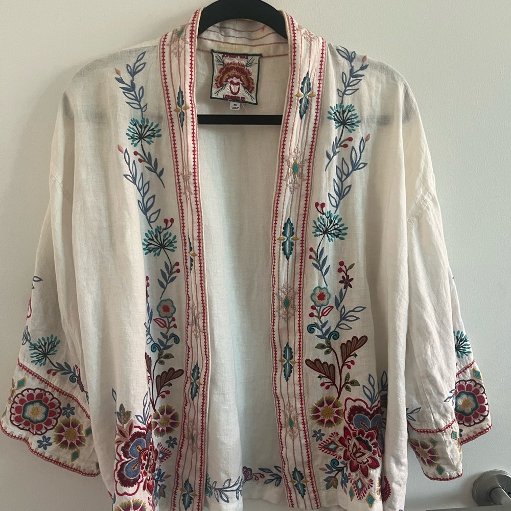 Johnny Was Cream Embroidered Open Kimono Jacket with Multicolor Floral Detail
